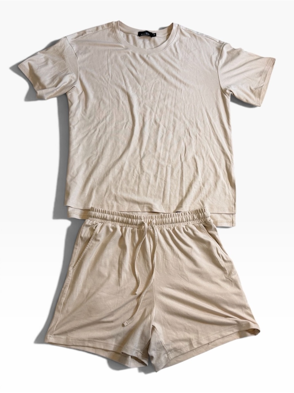 Women's Cream Short Sleeve Loungewear Set with Elastic Waist Shorts